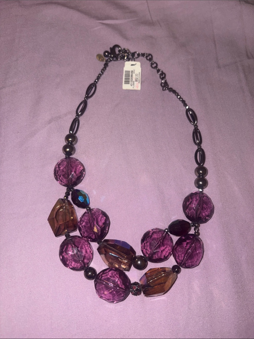 Purple and Amber Glass Bead Statement Necklace
